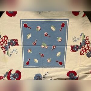 Vintage Blue and Cream Tablecloth with Red Accents